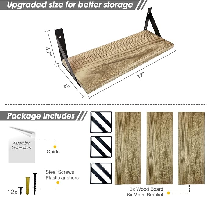 Floating Shelves with Black Metal Brackets Set of 3, Light Wood Wall Bookshelf