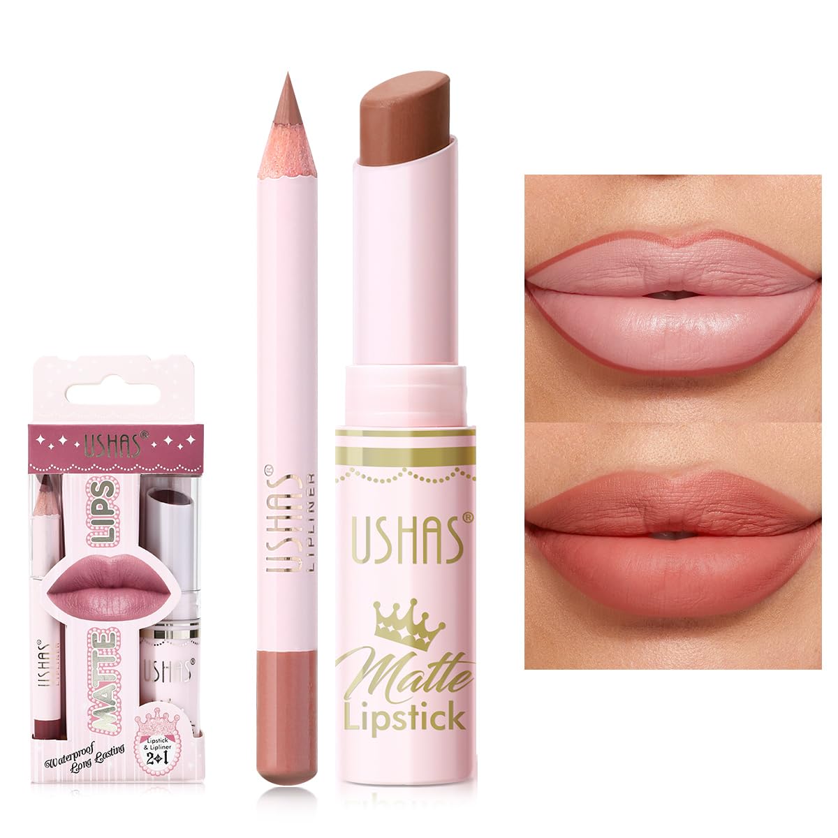 USHAS 2 in 1 Waterproof Lipstick and Lip Liner Combo Set - Long Lasting Matte Lipstick Pen with Liner Set Makeup Kit (S17, Pack of 1)