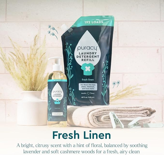 Puracy Laundry Detergent - Enzyme-Powered Liquid Laundry Detergent Concentrate, Natural Laundry Detergent Seen on TikTok, Non-Toxic (Fresh Linen, 16 fl oz, 64 Loads)