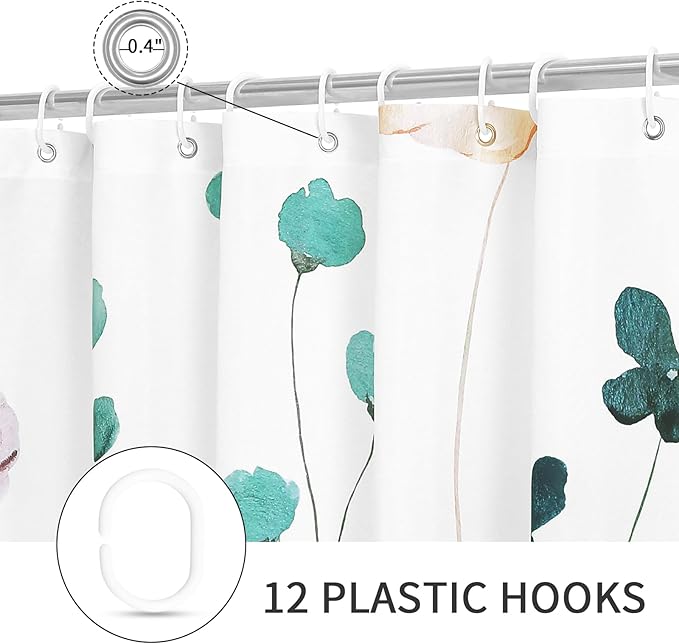 Gibelle Watercolor Floral Shower Curtain, Teal Beige Flower Shower Curtain for Bathroom, Modern Minimalist White Waterproof Fabric Shower Curtain Set with Hooks 72x72 Inch