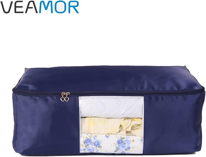 Blanket Storage Bags Pillow Bedspread Bedding Clothes Organizer Storage Containers With Zippers Breathable and Moistureproof. (Navy blue 2pcs, L)