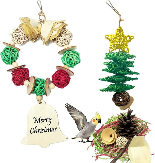Bird Toys - Christmas Parrot Toys, Cage Enrichment | Foraging Wreath | Chewing and Shredding | Ideal for Parakeets/Cockatiels/Conures/Lovebirds and Small to Medium Birds