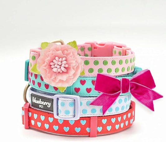 Blueberry Pet Adjustable Flocking Dog Collar with Silk Flower, Polka Dot in Baby Pink, Large - Dog Collars for Small Dogs, Girl Dog Collars, Pink Dog Collar, Neck 18-26"
