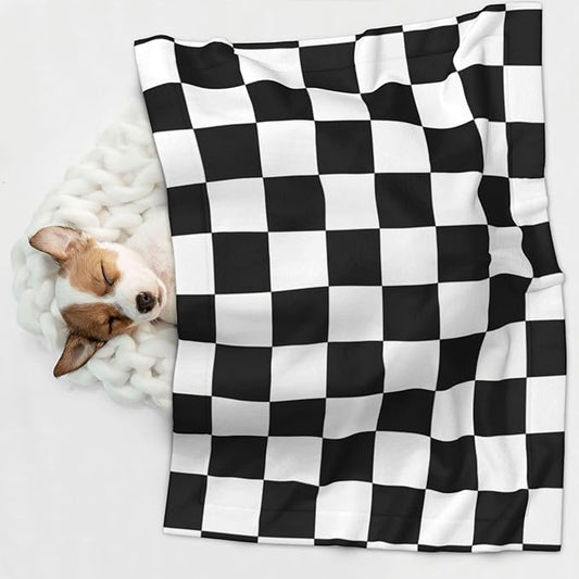 Double Sided Plush Pet Blanket with Cozy Dot Texture and Smooth Reverse, Checkered Race Waving Flag, Reversible Throw for Dogs Cats on Couches Beds Crates