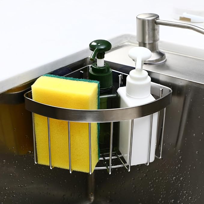 NUOBESTY Sponge Holder for Kitchen Sink, Corner Sink Caddy with Removable Suction Cup, 304 Stainless Steel Organizer Rack Holder for Soap, Brush Sponge, Bathroom, Kitchen Essentials and Gadgets