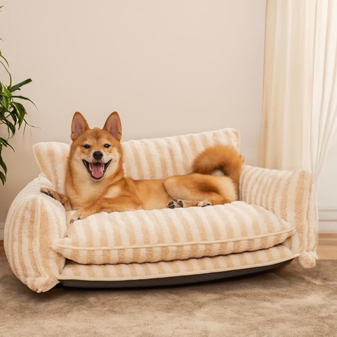 Lazy Holiday Plush Cozy Dog & Cat Sofa Bed, Teddy Velvet Dog Bed, Trendy Striped Faux Lambswool Double Layer Dog & Cat Sofa Bed Dogs Sleeping Mat for Medium Small Dogs & Cats (Beige,M)