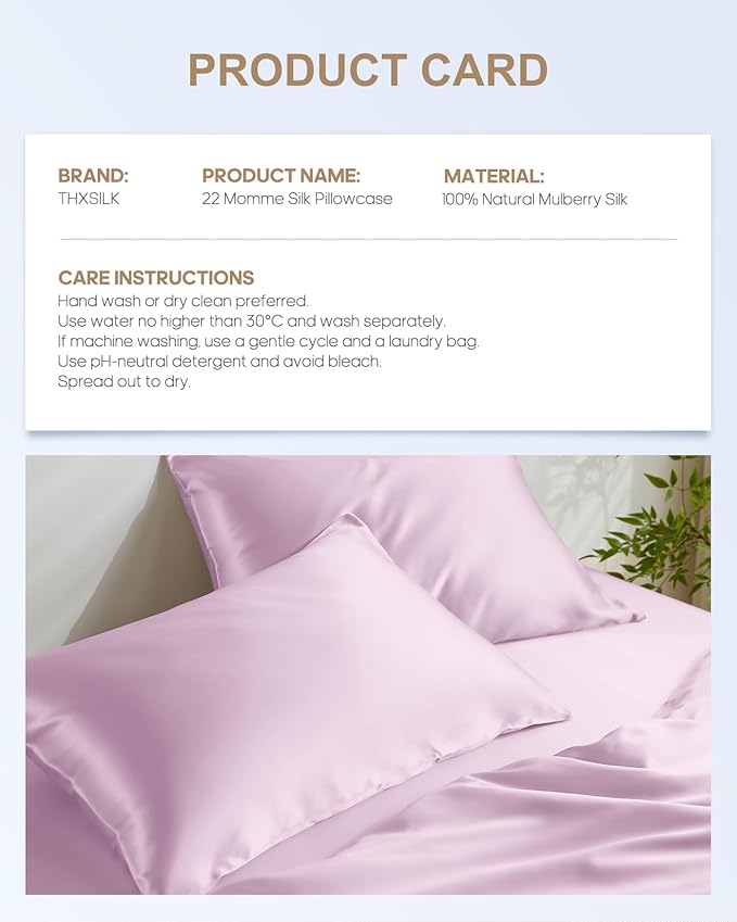 THXSILK Set of 2 100% Mulberry Silk Pillowcase for Hair and Skin Health, 22 Momme Soft and Smooth Pillowcases with Hidden Zipper, Both Sides Premium Grade 6A+ Silk, Standard 20"x26", Light Purple
