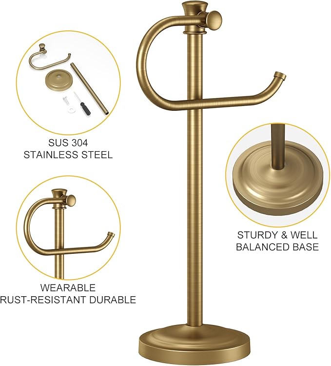 BESy 17 Inch Antique Brass Stand Towel Bar Hanger Hand Towel Bar Bathroom Vanity Countertop Towel Holder Free Standing Stainless Steel Towel Ring Hardware Accessories Towel Rack