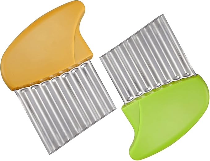 Crinkle Cutter, Stainless Steel Waffle Fry Cutter, Wavy Chopper for Veggies Potato Carrots Butter Lettuce, 2 PCS (Green&Yellow)
