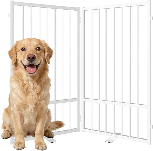 Full Metal Freestanding Dog Gate with Door, 36''Height Foldable Pet Dog Fence for Indoor & Outdoor, 2 Panels Extra Wide Free Standing TallDog Gates for Doorways,House,Stairs,Porch,Deck,Yard