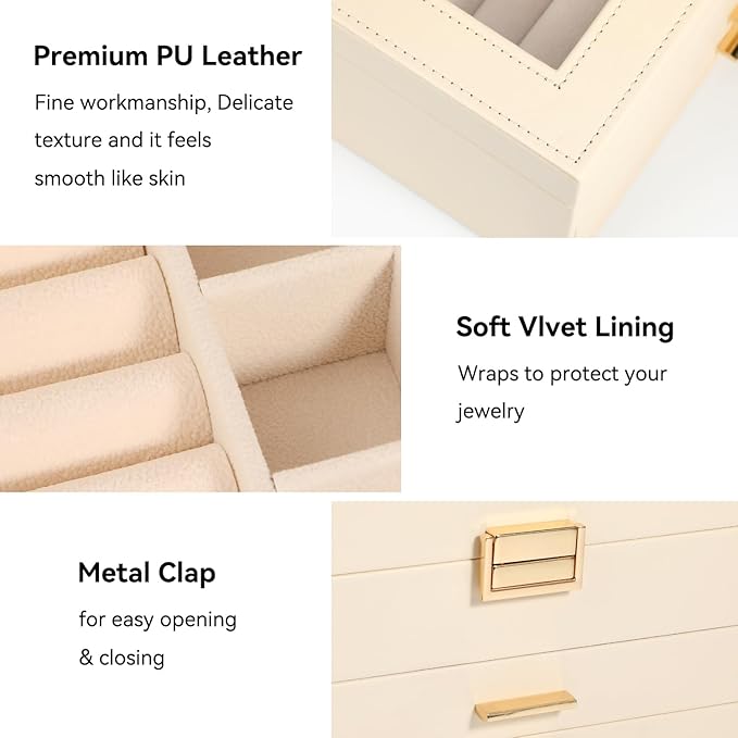Voova Jewelry Box Organizer for Women Girls, 3 Layer PU Leather Jewelry Storage Case with Glass Lid & 2 Drawers, Large Jewellery Display Holder for Necklaces Rings Earrings Bracelets, Apricot