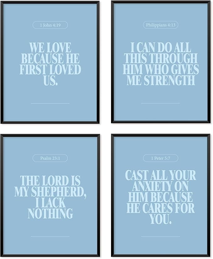 Locomiss Light Blue Christian Wall Art Decor Posters, Modern Bible Verse Prints