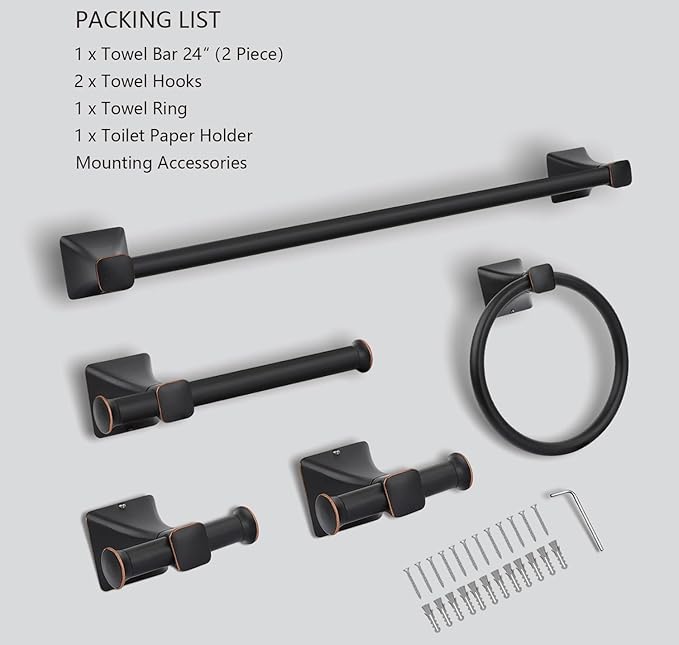 Matte Black Bathroom Hardware Set 5-Pieces, SUS304 Stainless Steel Bath Towel Bar Set Wall Mounted, Including Hand Towel Bar,Towel Ring, Toilet Paper Holder, 2Pcs Robe Towel Hook