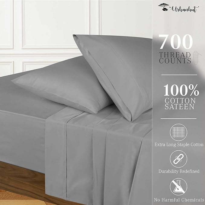 URBANHUT 700 Thread Count Egyptian Cotton Sheets Twin Size, 4Pc Sheet Set Soft Luxury Bed Sheets for Twin Size Bed, Sateen Weave Hotel Sheets, 14'' Elasticized Deep Pocket - Dark Grey
