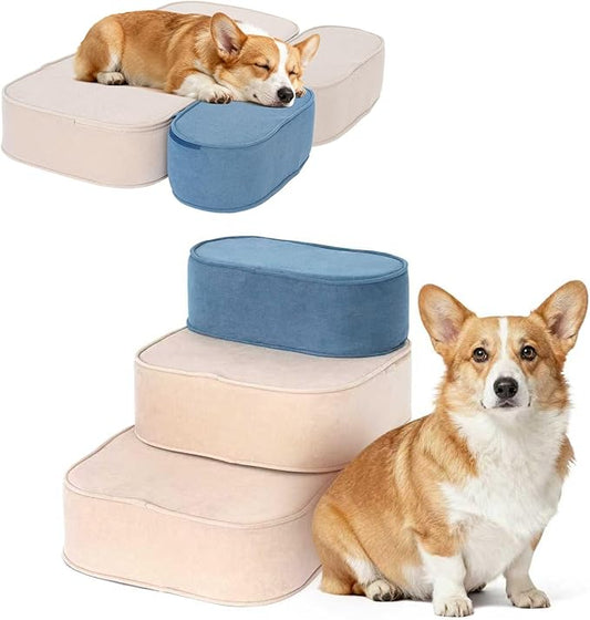 Dog Stairs for Small Dogs, 3 Step Dog Stair for High Bed and Couch, Non-Slip High Density Foam Sturdy Pet Steps with Removable Washable Cover for Older Cat