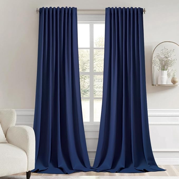 MIULEE Navy Blue Back Tab Blackout Curtain 96 Inch Long 2 Panels Set
