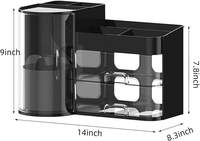 Makeup Organizer with Rotating Brush Holder Cosmetic Organizer with Drawers Countertop Skincare Organizer for Vanity,Cosmetic Display Case Storage (Black, Large)