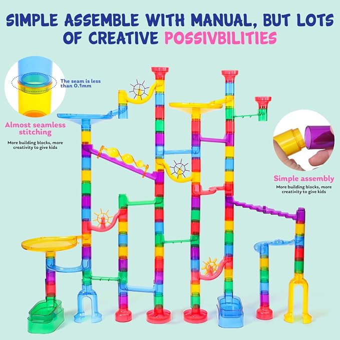 Meland Marble Run - 208Pcs Marble Maze Game Building Toy for Kids, Marble Track Race Set & STEM Learning Toy Gift for Boy Girl Age 4 5 6 7 8 9+(142 Pcs + 60 Glass + 5 Led Lighted Marbles)