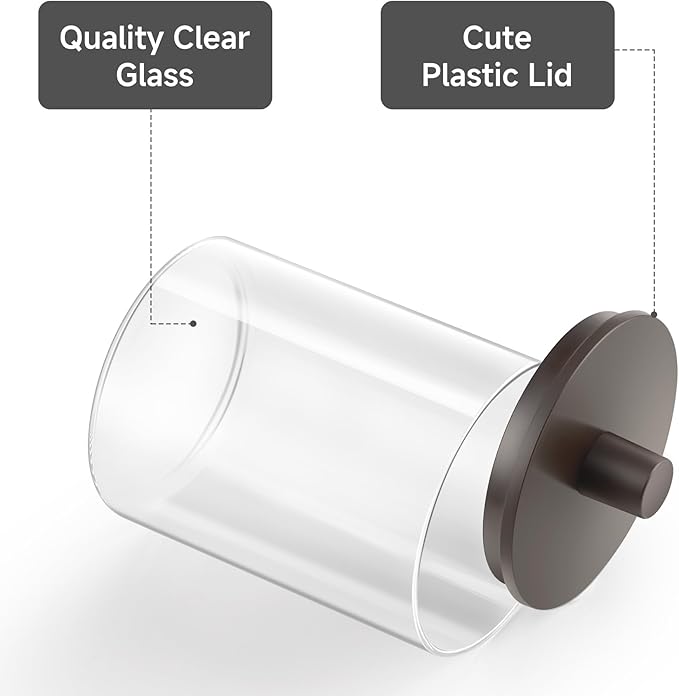 TIPGO Glass Qtip Holder Dispenser for Bathroom - 10 oz Clear Canister Apothecary Jar for Cotton Swabs, Balls, Pads, Floss Picks, Small Containers for Makeup Storage Organizer (2 Pack, Brown)
