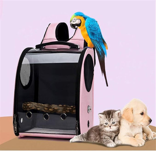 Bird Carrier Clear Parrot Outing Backpack APET Transparent Acrylic Bird Travel Carrier Parrot Travel Cage Panoramic Pet Backpack for Puppy Kitten 33x38x17cm (Pink)
