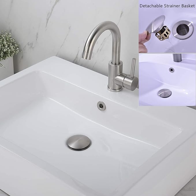 Rockgoya Bathroom Sink Drain,2 Pack Drain Stopper Bathroom Sink with Overflow,Pop Up Drain Assembly with Detachable Strainer Basket,Built-in Anti-Clogging Strainer,Stainless Steel Brushed Nickel