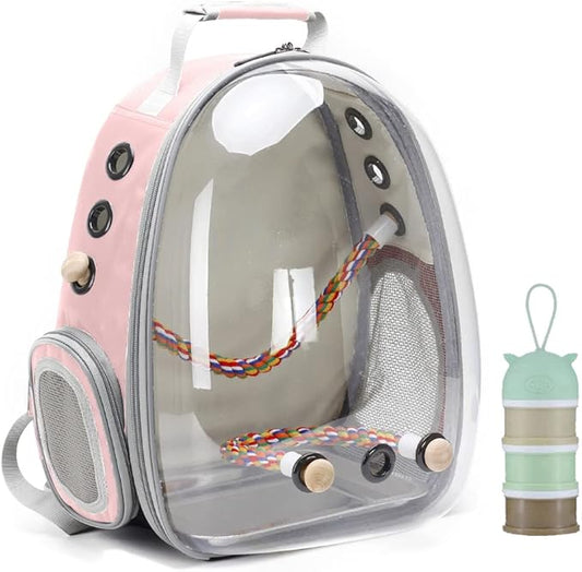 Bird Traval Carrier Cage, Clear Space Capsule Astronaut Backpack to Carry Parakeet Cockatiel Parrot with Metal Tray Bird Feeder and Wood Perch, Vet Transport Bag