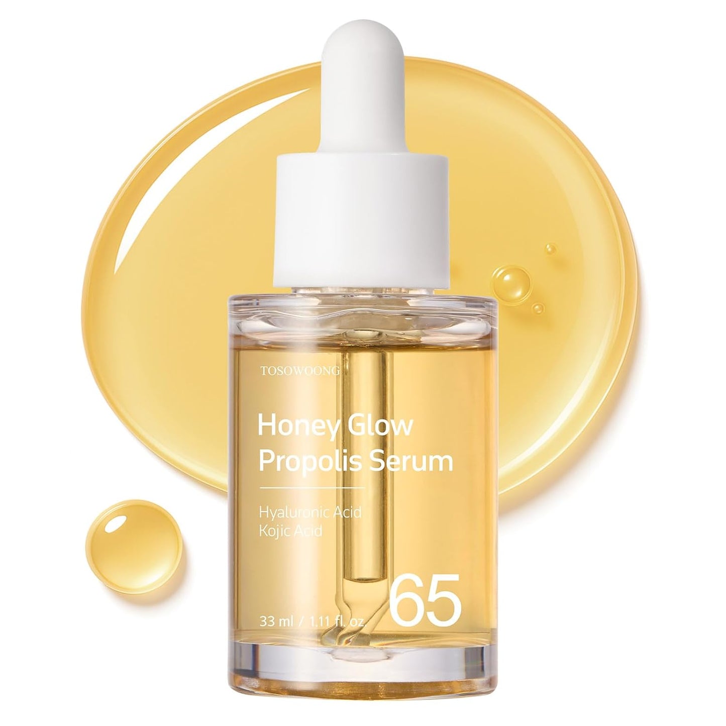 Honey Glow 65% Propolis Serum, Hyaluronic Acid, Kojic Acid, Niacinamide, Hydrating Facial Soothing Moisturizer for Irritated Uneven Skin Tone, Glass Skin, Korean Skin Care, 33ml, 1.11 fl.oz.
