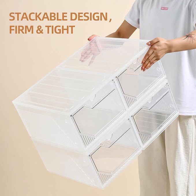 Foldable Shoe Organizer,Shoe Storage Organizer,10 Pack Shoe Box Clear Plastic Stackable,Drop Front Shoe Box with magnetic Door, Containers For Sneaker,Fit up to US Size 15