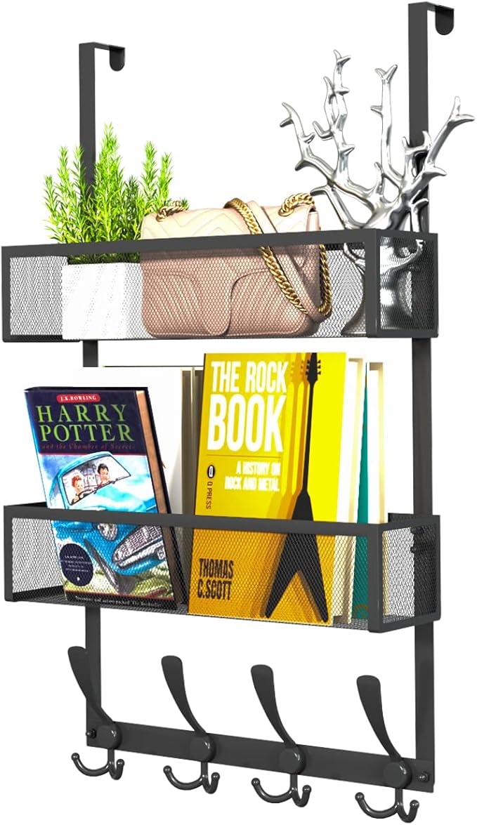 Over The Door Hooks Organizer,Coat Rack with 12 Hooks and 2 Mesh Baskets,Back of Door Storage Organizer for Bathroom,Bedroom,Kitchen,Office(Black)