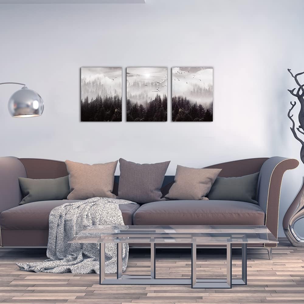Framed Canvas Art - Boho Wall Decor Set of 3: Foggy Forest Trees Scenery for Living Room, Bedroom, Office, Farmhouse, Home Decoration