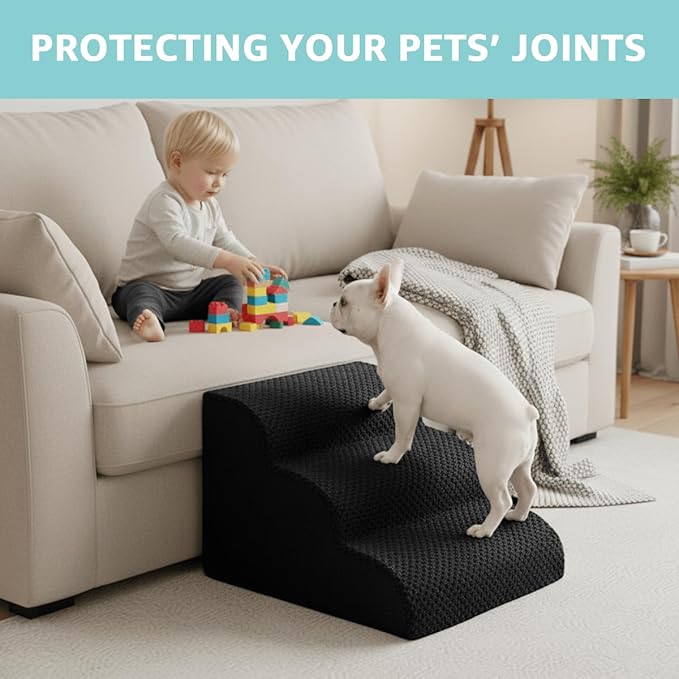 Dog Stairs for Small Dogs 19" H, 4-Step Dog Steps Ramp for High Beds and Couch with Anti-Slip Washable Cover and Durable High Density Foam, Pet Stairs for Cats, Black