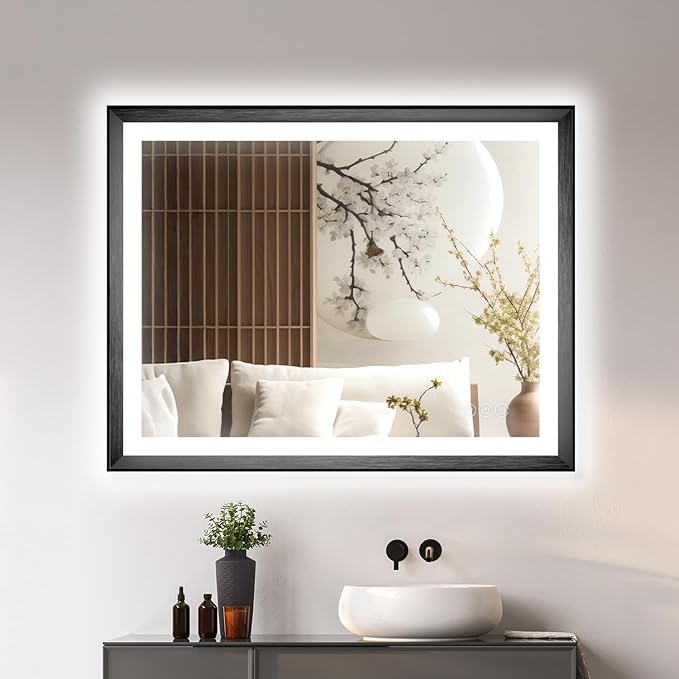 40 x 30 Black LED Bathroom Mirror – Frontlit & Backlit Vanity Mirror with Anti-Fog & Shatter Proof Features, Aluminium Frame, Tempered Glass Mirror with 3 Colour Lights - Perfect for Bathrooms