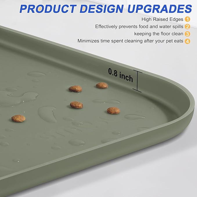 Silicone Pet Feeding Mat with Raised Edge for Food and Water, Dog Bowl Mats, Cat Bowls Placemat with High Lip for Floor Waterproof, Rubber Tray for Cats and Dogs 22 x 14 x0.8 Light Olive Green