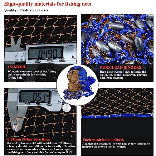 Drasry Saltwater Fishing Cast Net for Bait 3/8 1/4 or 1/2 with Heavy Sinkers Fish Trap Throw Net. Size 3ft/4ft/5ft/6ft/7ft/8ft/9ft/10ft Radius Freshwater Nets - size: 6FT (180cm) Radius, style: Lead Sinkers-0.5 in Mesh-tire Lines