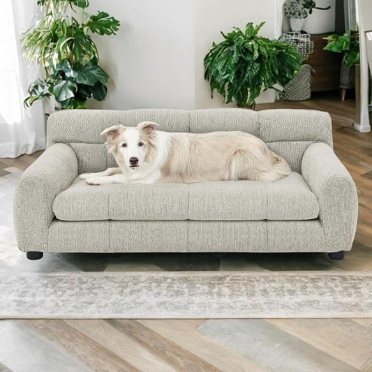 Human Dog Bed with Armrests & Backrest, Cave Dog Bed for Large Dogs, Comfortable Linen Upholstery, Short Sofa Legs for Easy Access, Durable, Stylish Camas para Perros, 38"x14.5"x22" (Beige)