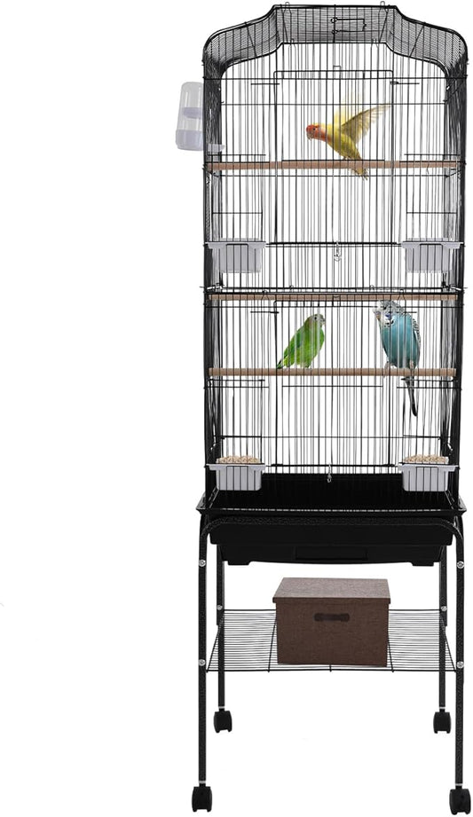 Bird Cage with Universal Wheels, Freestanding Parakeet Birdcage, Large Iron Flight Bird Cages 360° Full Hollow Design Pigeons Parrot, 18x15x54 Inch, with Feeding Bowls, Waterer (Black)