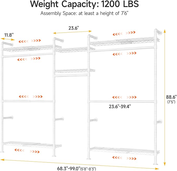 ONBRILL H3 Plus Expandable Wall Mounted Closet System, 5.7FT-8.2FT Closet