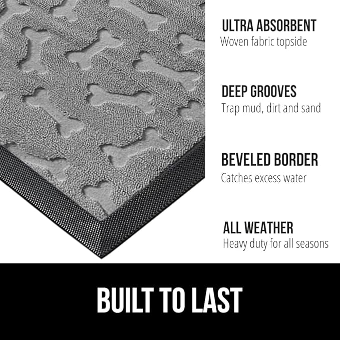 GORILLA GRIP 100% Waterproof All-Season WeatherMax Doormat, US Designed Natural Rubber, Stain and Fade Resistant, Low Profile Indoor Outdoor Door Mats, Easy Clean Patio Mat, 17x29, Light Gray Bones