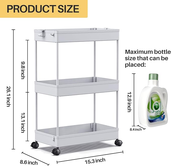 SPACEKEEPER Rolling Storage Cart 3 Tier Bathroom Cart Organizers with Wheels Laundry Room Organization Mobile Shelving Unit Utility Cart Storage Shelves Multi-Functional for Office, Home, Gray