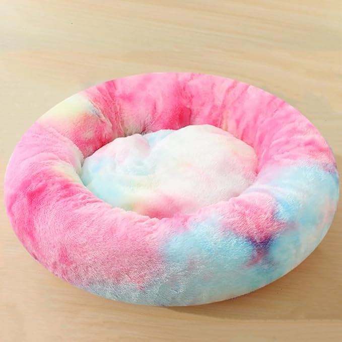 Dog Bed & Cat Bed for Small Medium Dogs, 27 Inch Calming Dogs Bed Anti-Anxiety Machine Washable Fluffy Luxury Anti-Slip Waterproof Pet Puppy Round Bed (Rainbow)