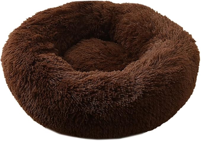 Calming Faux Fur Dog Beds Calming Donut Cuddler Dog Bed Washable Round Cat Bed Pillow Cuddler Fluffy Indoor Dog Calming Beds with Anti Slip Bottom Solid Color Coffee 23 Inch