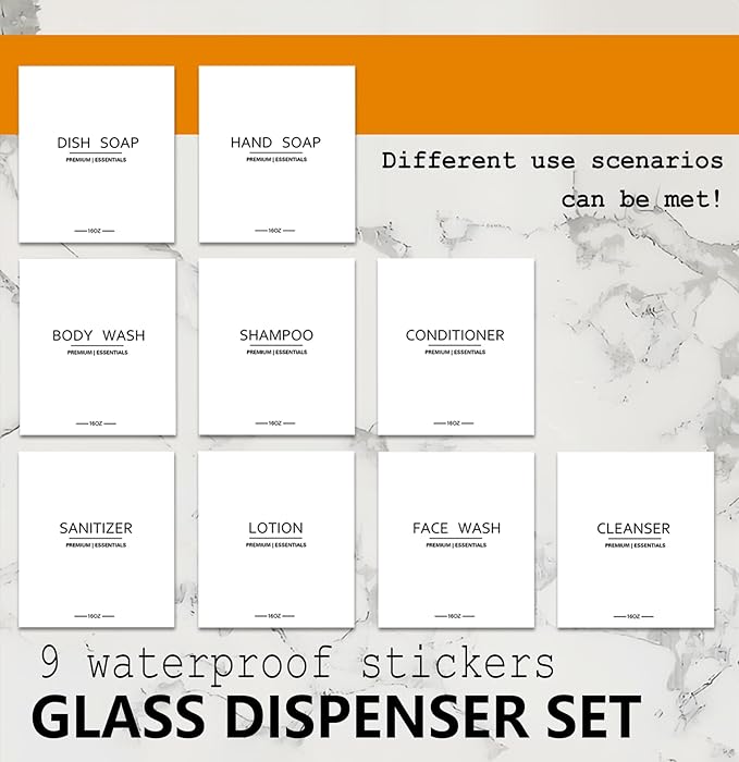 Luxury Glass Soap Dispenser Set - 2 Refillable 16.9oz Bottles, Bamboo Pump & Tray for Farmhouse & Modern Decor, 9 Waterproof Labels for Kitchen/Bathroom (Amber Bottle+Black Bamboo Pumps+Tray)