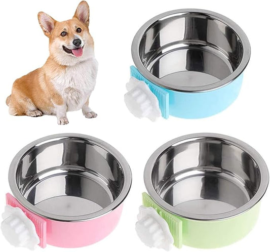 kathson Crate Dog Bowl, Removable Stainless Steel Hanging Pet Cage Bowl Food & Water Feeder Coop Cup for Cat, Puppy, Birds, Rats, Guinea Pigs (3 PCS, Size: M, Blue, Green, Pink)