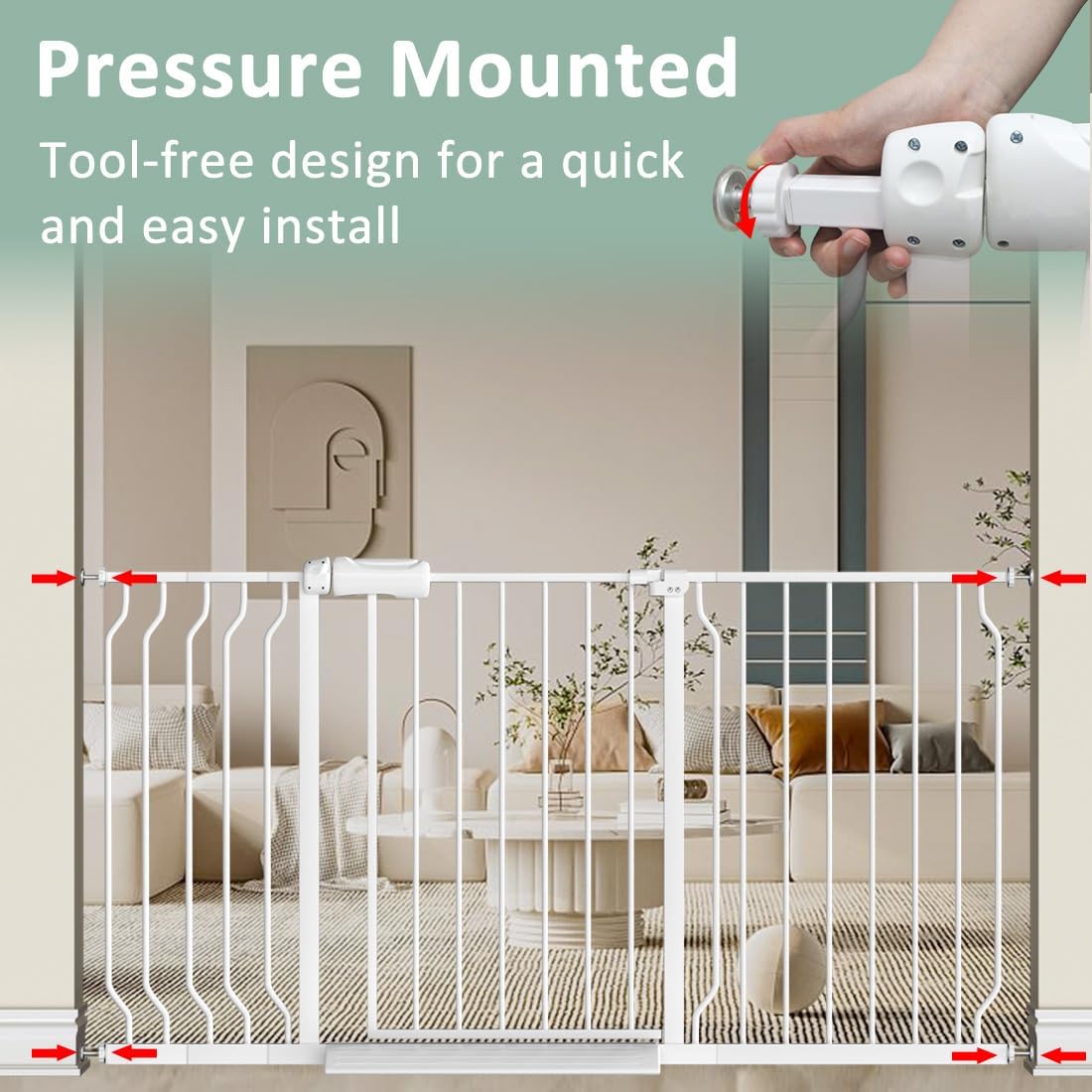 TSAYAWA Extra Wide Baby Safety Gate 29.6-33.8Inch Auto Close Child Gates, Pressure Mounted Gate for Stairs & Doorways, Indoor/Outdoor Heavy-Duty Pet Gate for Toddlers, Dogs, White