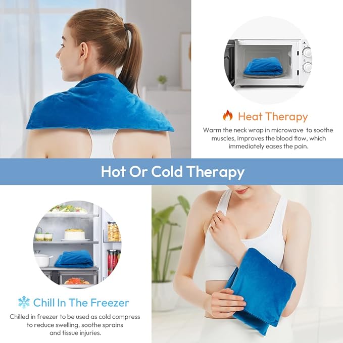 Microwavable Heating Pad with Washable Cover, 8 x 18 Microwave Heating Pad for Neck and Shoulders, Moist Heat Bean Bag Warm Compress for Knee, Joints, Wrist, Abdomen (Light Blue)