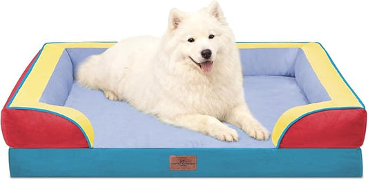 Comfort Expression Orthopedic Dog Bed for Large Dogs 36x27 Inch, Waterproof Egg Crate Foam Large Pet Bed with Removable Bolsters, Dog Couch with Washable Cover & Non-Slip Bottom, Funfetti Fiesta