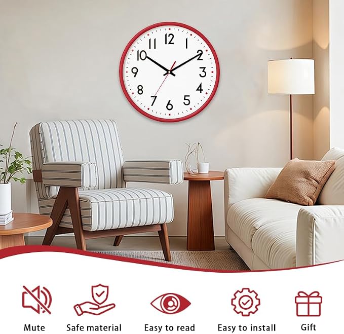 HZDHCLH Wall Clock Red, Silent Wall Clocks Battery Operated 8 Inch Modern Non