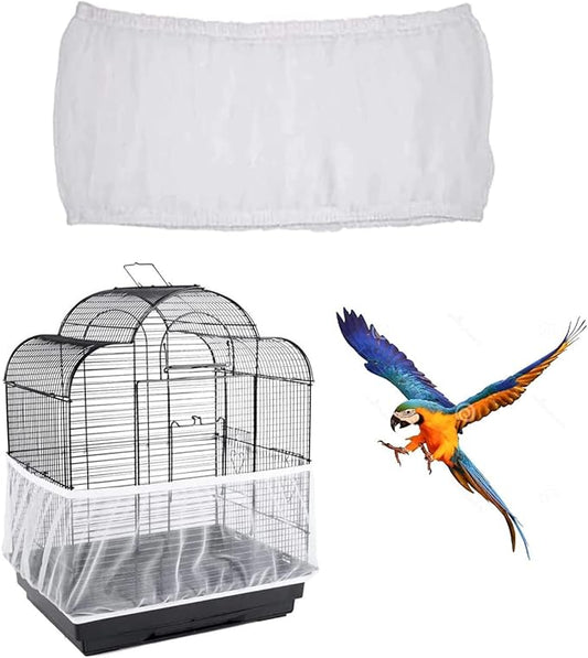 Bird Cage Cover, Breathable Nylon Mesh Seed Catcher Guard, Adjustable Elastic Skirt for Parrot, Budgie, Cockatiel, Prevents Mess, Fits Cage Circumference 55"-87" (140-220cm)