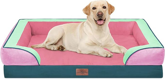 Comfort Expression Orthopedic Dog Bed for Extra Large Dogs 42x30 Inch, Waterproof Egg Crate Foam XL Pet Bed with Removable Bolsters, Dog Couch with Washable Cover & Non-Slip Bottom, Mint-Berry Dream