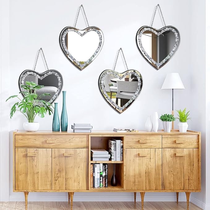DMDFIRST Heart Shaped Silver Glass Mirror 2 Pack 12x12inch Crystal Crush
